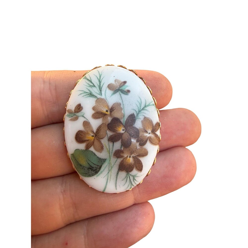 Vintage Brown Flower Oval Ceramic Brooch Floral Jewelry